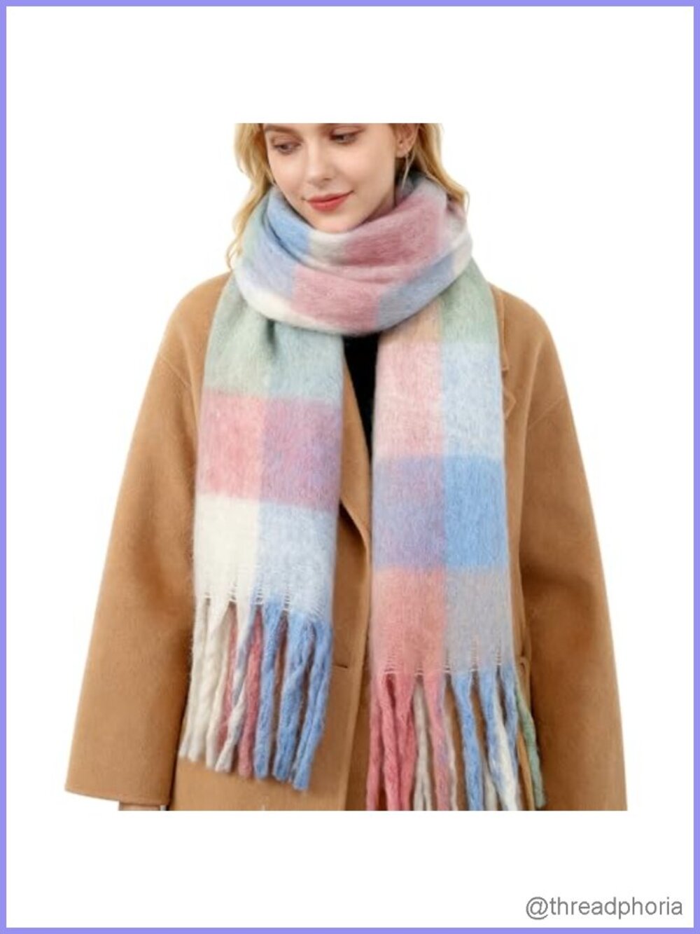 Chunky Plaid Blanket Shawl Scarf Wrap with Tassels | Winter Warm Cold Weather